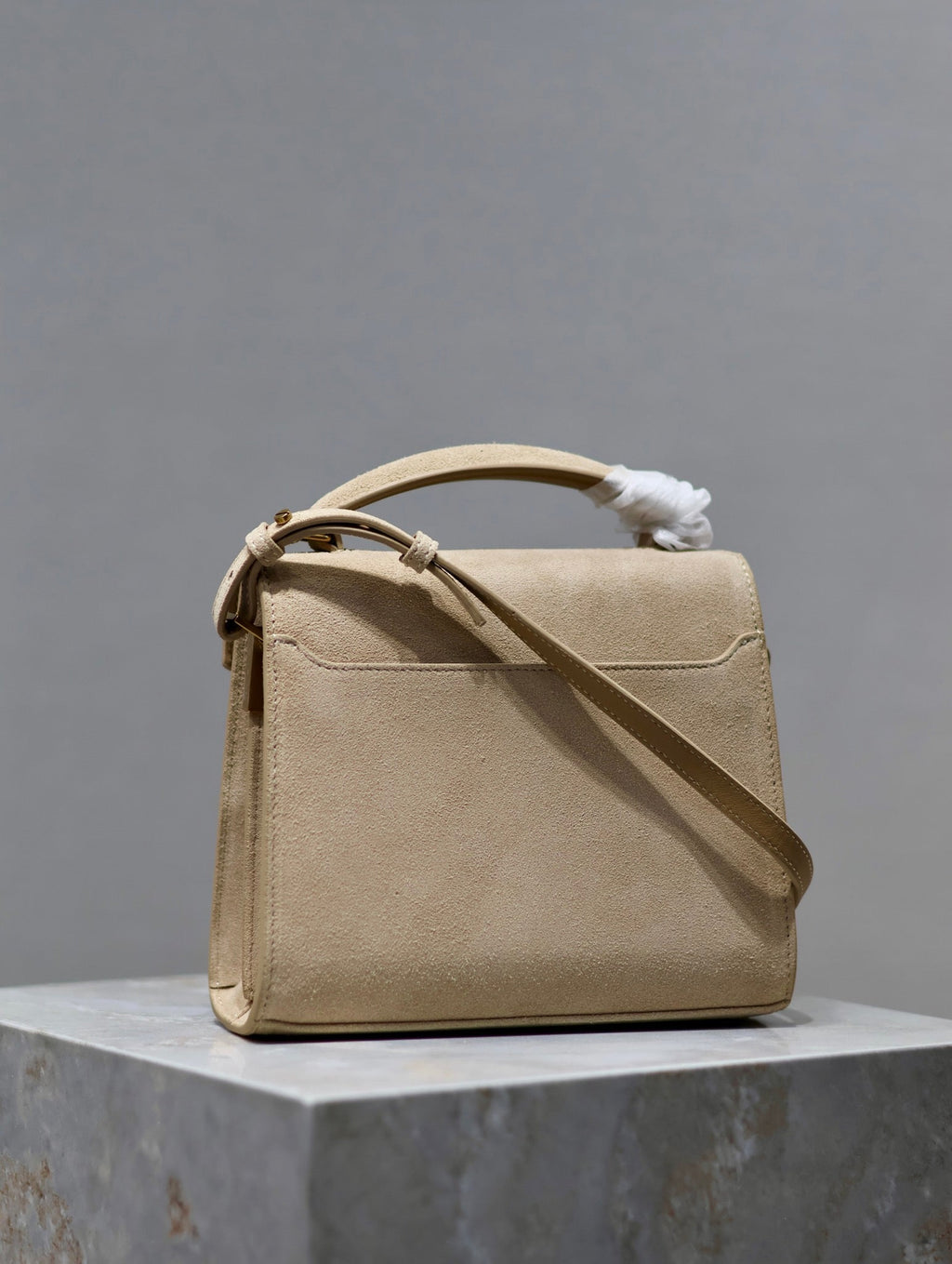 CASSANDRA MINI TOP HANDLE BAG 20 IN BEIGE SUEDE GOLD HARDWARE