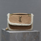 NIKI SMALL 22 IN CAMEL SUEDE AND WHITE SHEARLING