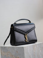 CASSANDRA TOP HANDLE BAG 24 IN BLACK SMOOTH LAMBSKIN GOLD HARDWARE