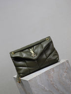 YSL 25S LOULOU PUFFER MM 29 IN DARK OLIVE CALFSKIN GOLD HARDWRE