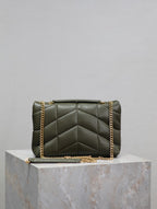 YSL 25S LOULOU PUFFER MINI 23 IN DARK OLIVE CALFSKIN GOLD HARDWARE