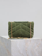 YSL 25S LOULOU PUFFER MINI 23 IN GREEN SUEDE GOLD HARDWARE