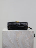 CASSANDRA MINI TOP HANDLE BAG 20 IN BLACK CROCODILE-EMBOSSED GLOSSY CALFSKIN