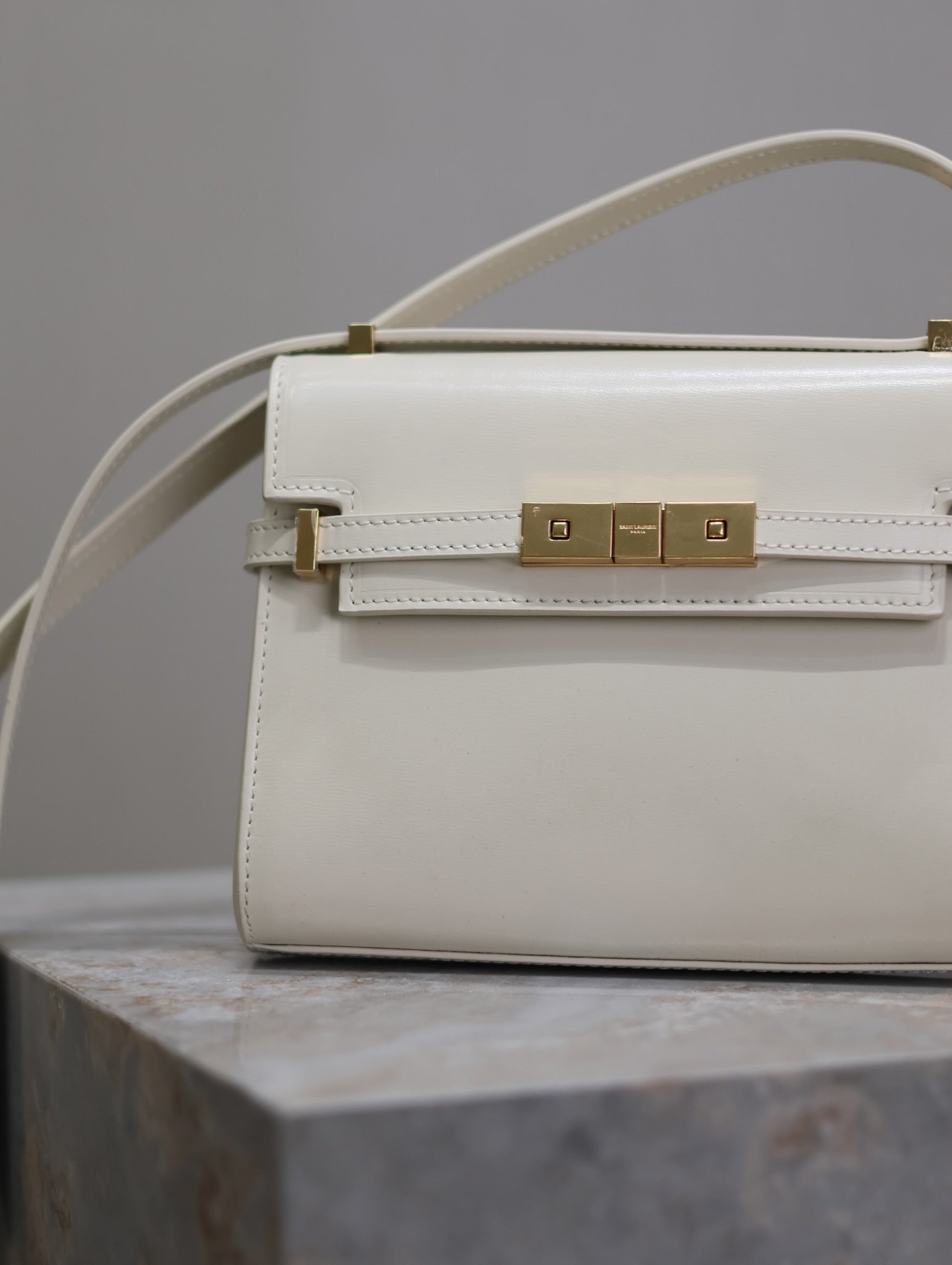 YSL 25S MINI MANHATTAN 19 IN BLANC  CALFSKIN GOLD HARDWRE