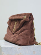 YSL 25S LOULOU PUFFER GM 35 IN DARK BROWN SUEDE GOLD HARDWARE
