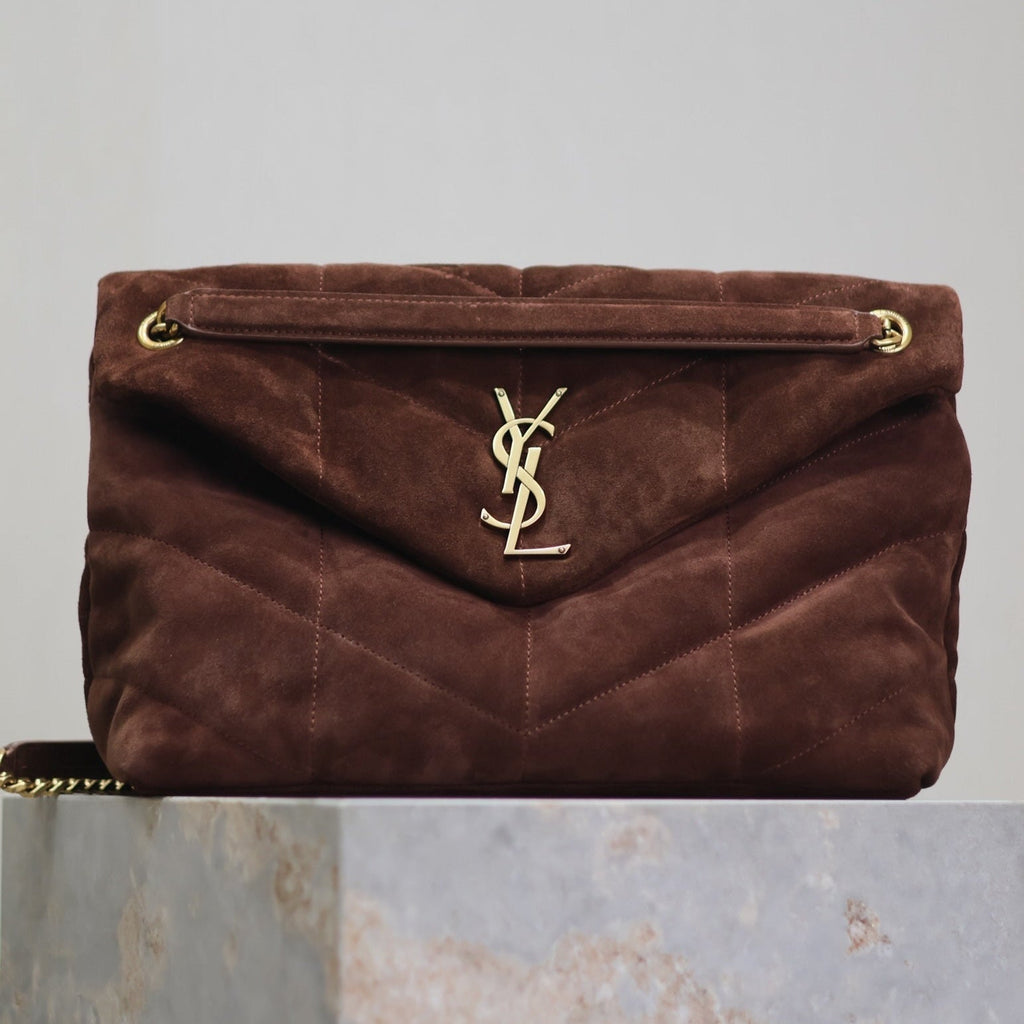 YSL 25S LOULOU PUFFER GM 35 IN DARK BROWN SUEDE GOLD HARDWARE