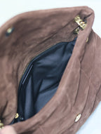 YSL 25S LOULOU PUFFER GM 35 IN DARK BROWN SUEDE GOLD HARDWARE