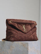 YSL 25S LOULOU PUFFER GM 35 IN DARK BROWN SUEDE GOLD HARDWARE