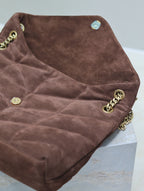 YSL 25S LOULOU PUFFER GM 35 IN DARK BROWN SUEDE GOLD HARDWARE