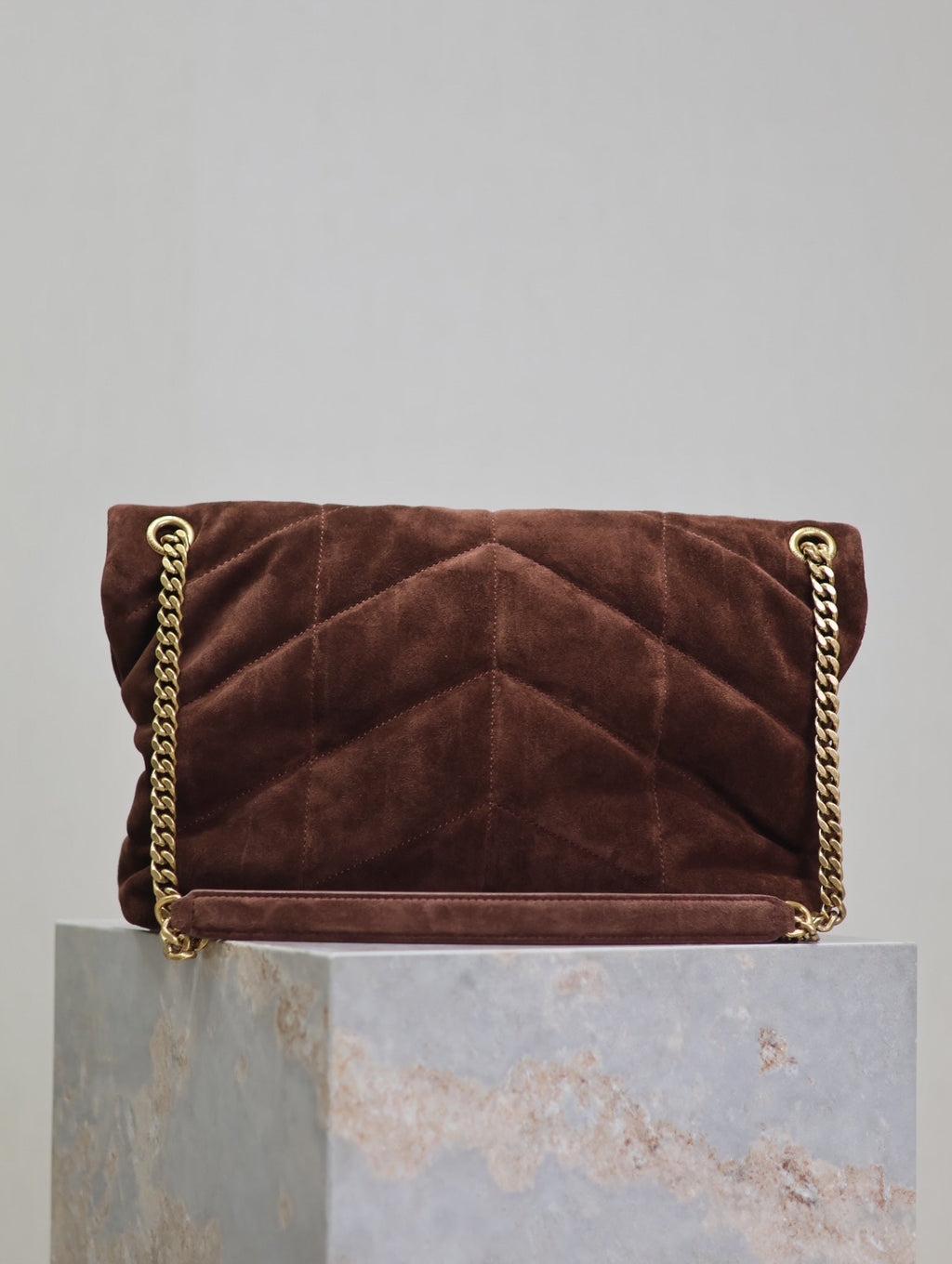 YSL 25S LOULOU PUFFER GM 35 IN DARK BROWN SUEDE GOLD HARDWARE
