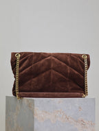 YSL 25S LOULOU PUFFER GM 35 IN DARK BROWN SUEDE GOLD HARDWARE