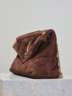 YSL 25S LOULOU PUFFER MM 29 IN DARK BROWN SUEDE GOLD HARDWARE