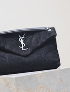 YSL 25S LOULOU PUFFER MM 29 IN BLACK SUEDE SILVER HARDWRE