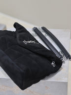YSL 25S LOULOU PUFFER MM 29 IN BLACK SUEDE SILVER HARDWARE