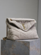 YSL 25S LOULOU PUFFER GM 35 IN SMOKEY TAUPE SUEDE GOLD HARDWRE