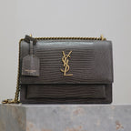 YSL 25S SUNSET MEDIUM 22 IN BROWN LIZARD-EMBOSSED CALFSKIN GOLD HARDWARE