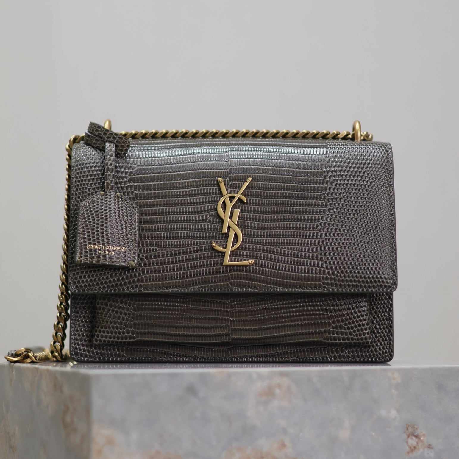 YSL 25S SUNSET MEDIUM 22 IN BROWN LIZARD-EMBOSSED CALFSKIN GOLD HARDWARE