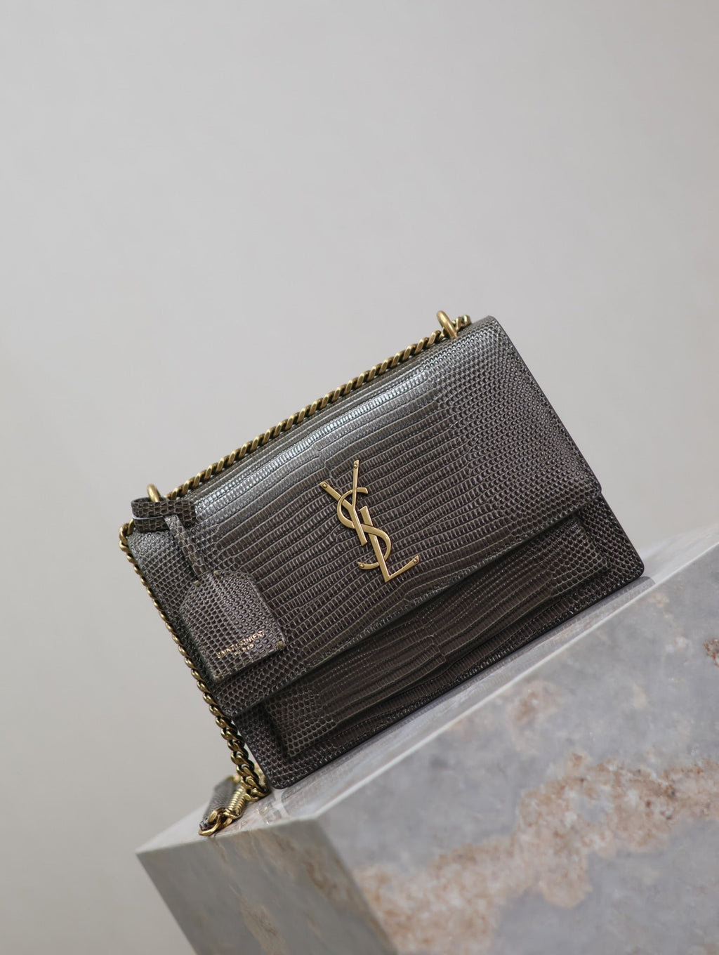 YSL 25S SUNSET MEDIUM 22 IN BROWN LIZARD-EMBOSSED CALFSKIN GOLD HARDWARE