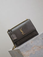 YSL 25S SUNSET MEDIUM 22 IN BROWN LIZARD-EMBOSSED CALFSKIN GOLD HARDWARE