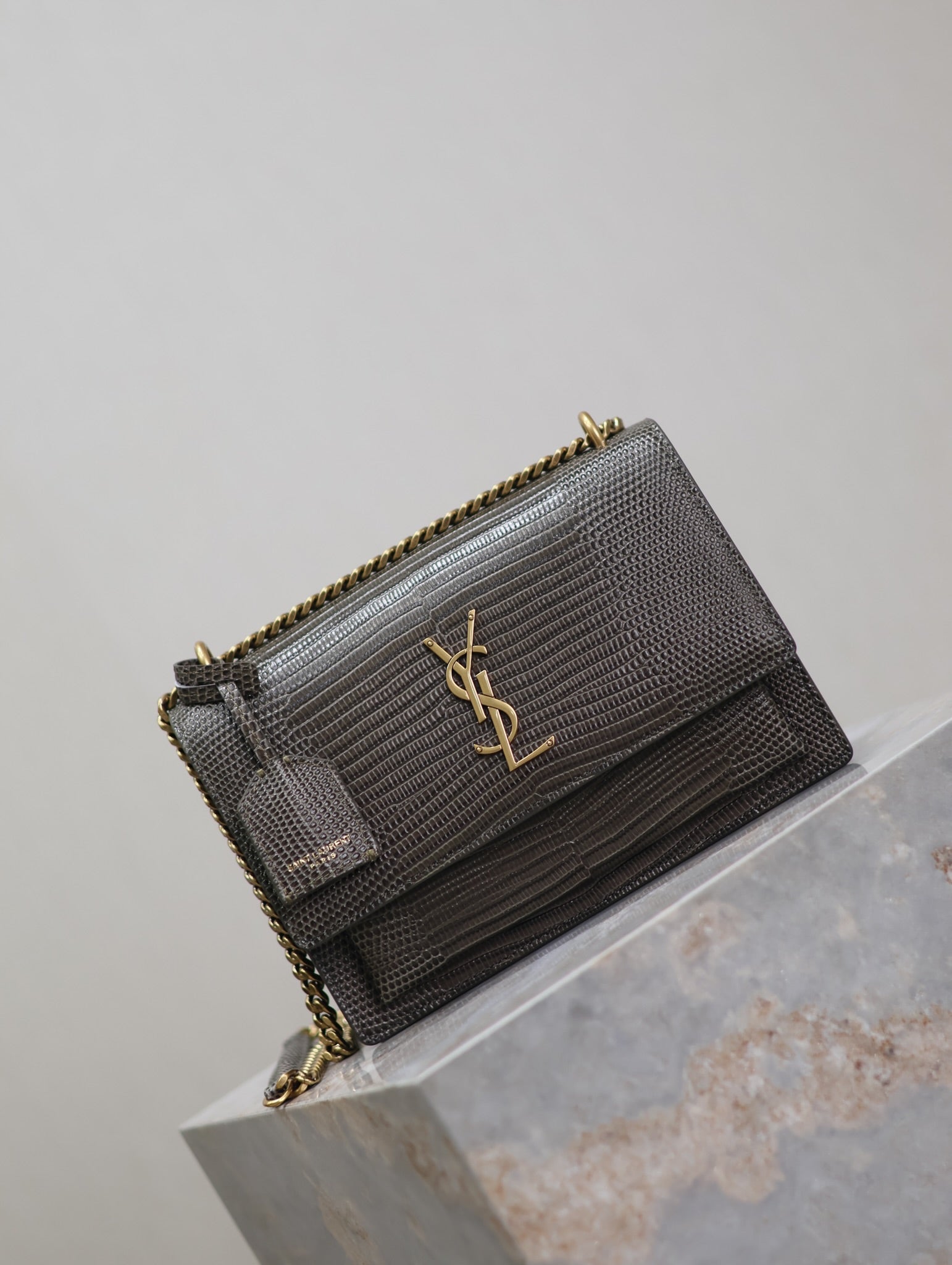 YSL 25S SUNSET MEDIUM 22 IN BROWN LIZARD-EMBOSSED CALFSKIN GOLD HARDWARE