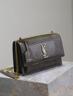 YSL 25S SUNSET MEDIUM 22 IN BROWN LIZARD-EMBOSSED CALFSKIN GOLD HARDWARE