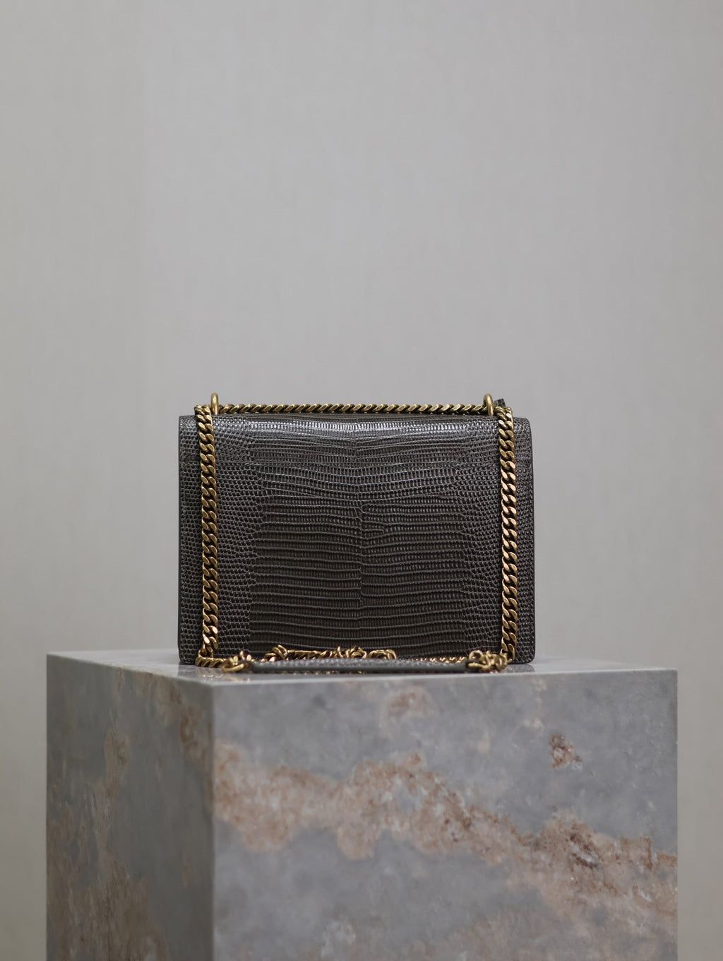 YSL 25S SUNSET MEDIUM 22 IN BROWN LIZARD-EMBOSSED CALFSKIN GOLD HARDWARE