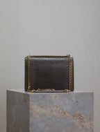 YSL 25S SUNSET MEDIUM 22 IN BROWN LIZARD-EMBOSSED CALFSKIN GOLD HARDWARE