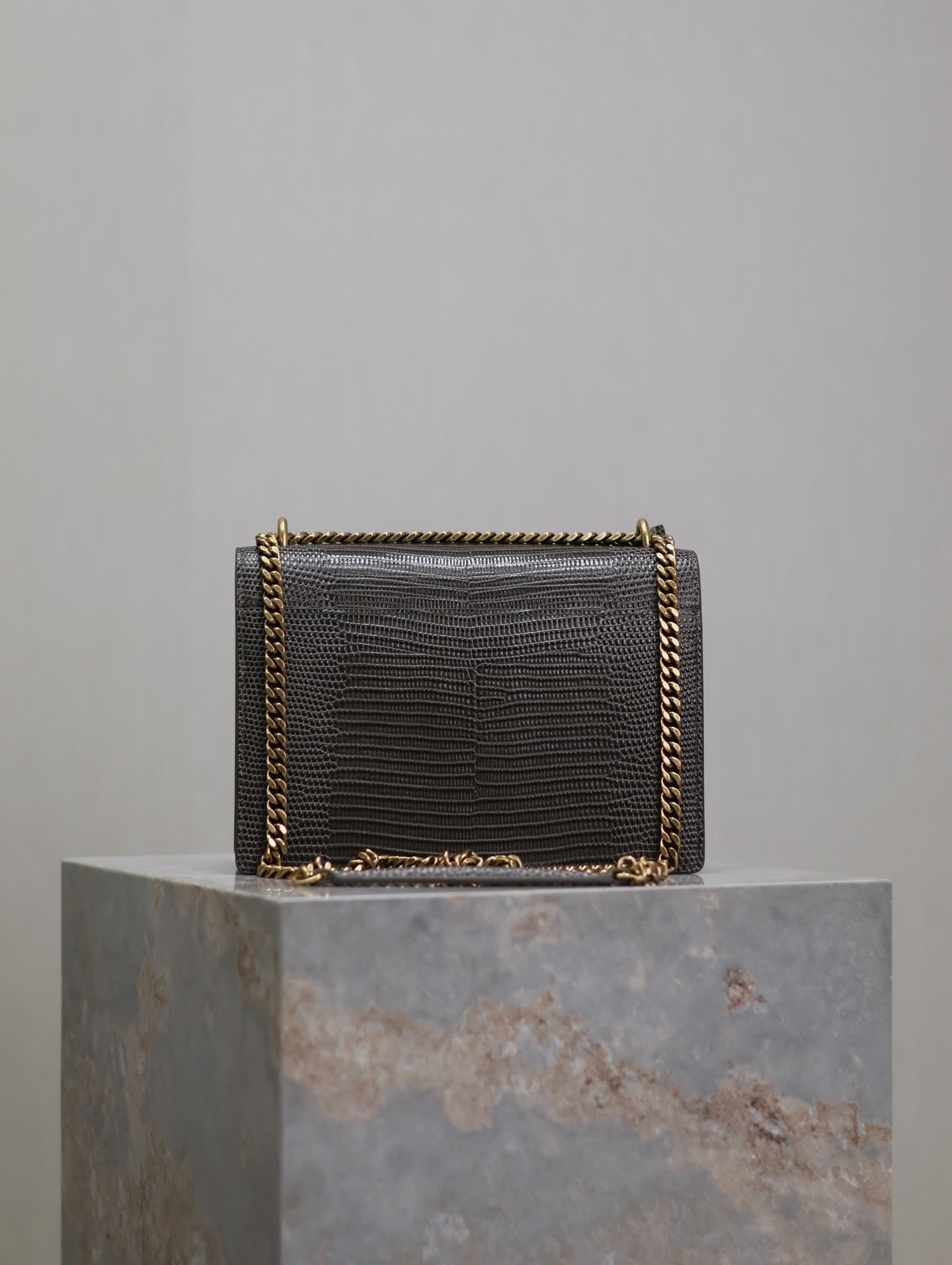 YSL 25S SUNSET MEDIUM 22 IN BROWN LIZARD-EMBOSSED CALFSKIN GOLD HARDWARE