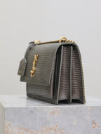 YSL 25S SUNSET MEDIUM 22 IN BROWN LIZARD-EMBOSSED CALFSKIN GOLD HARDWARE