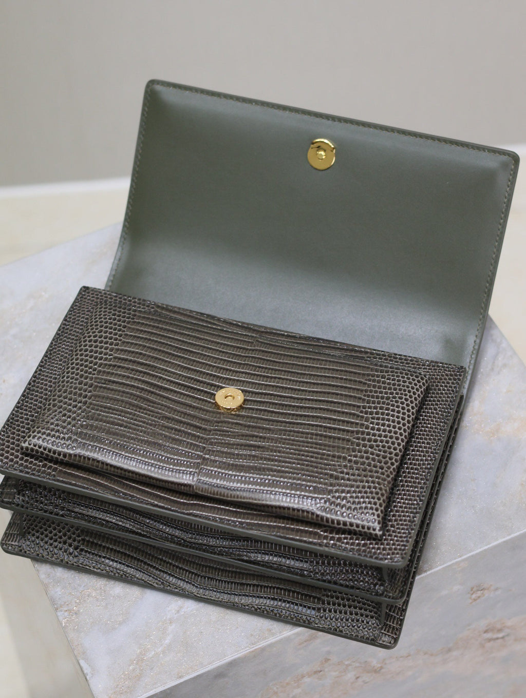 YSL 25S SUNSET MEDIUM 22 IN BROWN LIZARD-EMBOSSED CALFSKIN GOLD HARDWARE