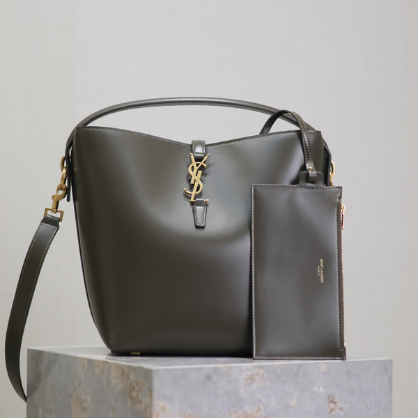 YSL 25S LE 5 À 7 BUCKET 26 IN DARK OLIVE CALFSKIN GOLD HARDWARE