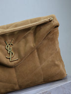 YSL 25S LOULOU PUFFER GM 35 IN TAN BROWN SUEDE GOLD HARDWRE
