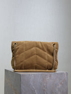 YSL 25S LOULOU PUFFER MM 29 IN TAN BROWN SUEDE GOLD HARDWARE