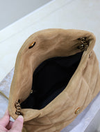 YSL 25S LOULOU PUFFER MM 29 IN TAN BROWN SUEDE GOLD HARDWARE