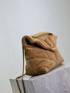 YSL 25S LOULOU PUFFER MM 29 IN TAN BROWN SUEDE GOLD HARDWARE