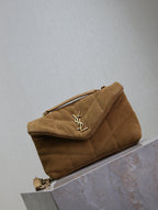 YSL 25S LOULOU PUFFER MINI 23 IN TAN BROWN SUEDE GOLD HARDWRE