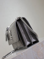 YSL 25S SUNSET MEDIUM 22 IN DARK GRAY CROCODILE-EMBOSSED SHINY CALFSKIN SILVER HARDWARE