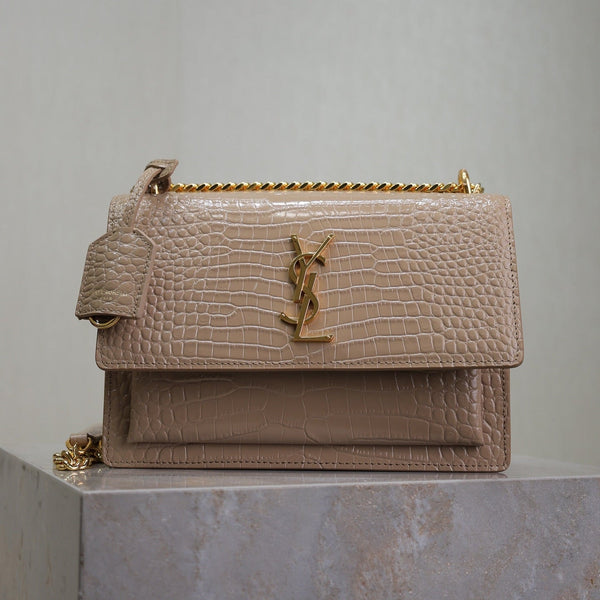 YSL 25S SUNSET MEDIUM 22 IN NUDE CROCODILE-EMBOSSED SHINY CALFSKIN GOLD HARDWRE