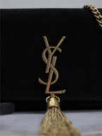 KATE MEDIUM TASSEL 26 IN BLACK SUEDE COPPER HARDWARE