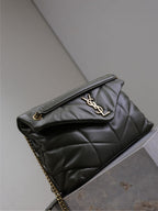 YSL 25S LOULOU PUFFER GM 35 IN DARK OLIVE CALFSKIN GOLD HARDWARE