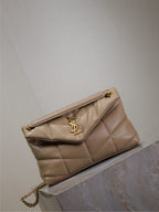 YSL 25S LOULOU PUFFER MM 29 IN BROWN CALFSKIN GOLD HARDWARE