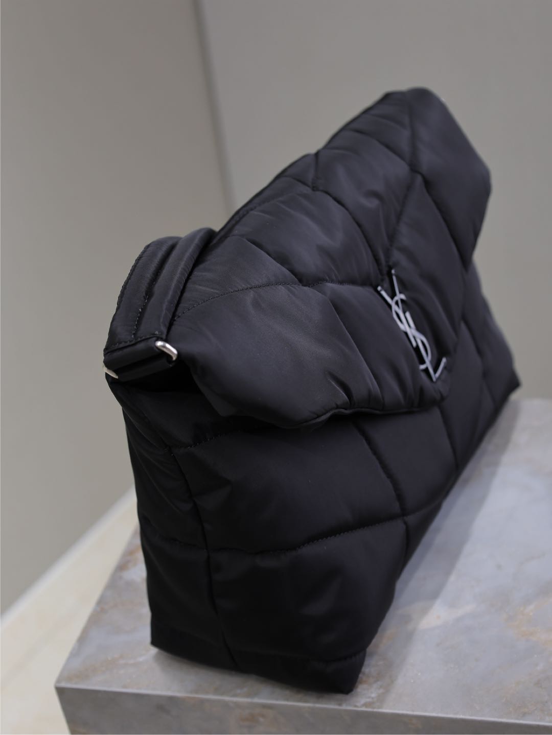 YSL 25S LOULOU PUFFER BAG 34 IN BLACK NYLON SILVER HARDWARE