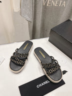 WOVEN STRAP SLIPPERS IN BLACK LAMBSKIN