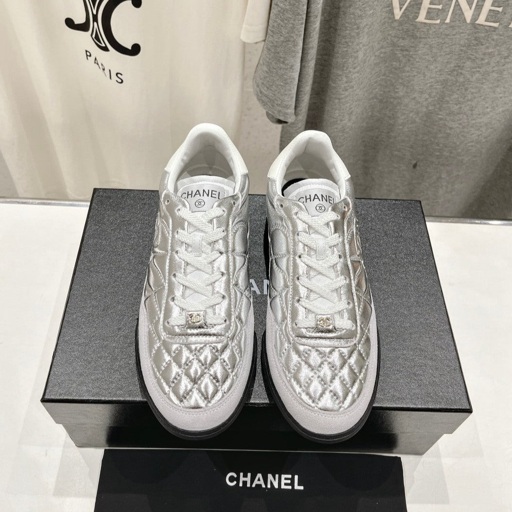 Double C  New Quilted Panda Shoes Silver Sheepskin