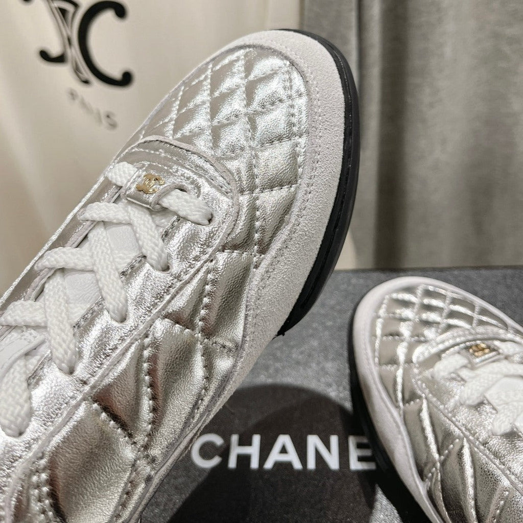 Double C  New Quilted Panda Shoes Silver Sheepskin