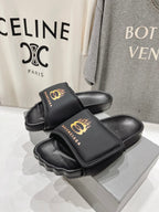 SLIDE SANDALS IN BLACK NYLON AND RUBBER YELLOW PRINT