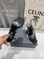 HIGH HEEL SANDALS IN BLACK GLOSSY CALFSKIN WTH STRAPS ATTACHED GEM