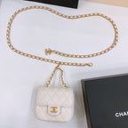 CHAIN BELT WITH GOLD METAL WHITE CALFSKIN INTERLINKING STRAPS AND MINI BAG ATTACHMENT