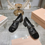 MARY JANE SANDAL CAP TOE BLACK SHEEPSKIN - MID HEEL