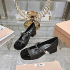 MARY JANE SANDAL CAP TOE BLACK SHEEPSKIN - MID HEEL